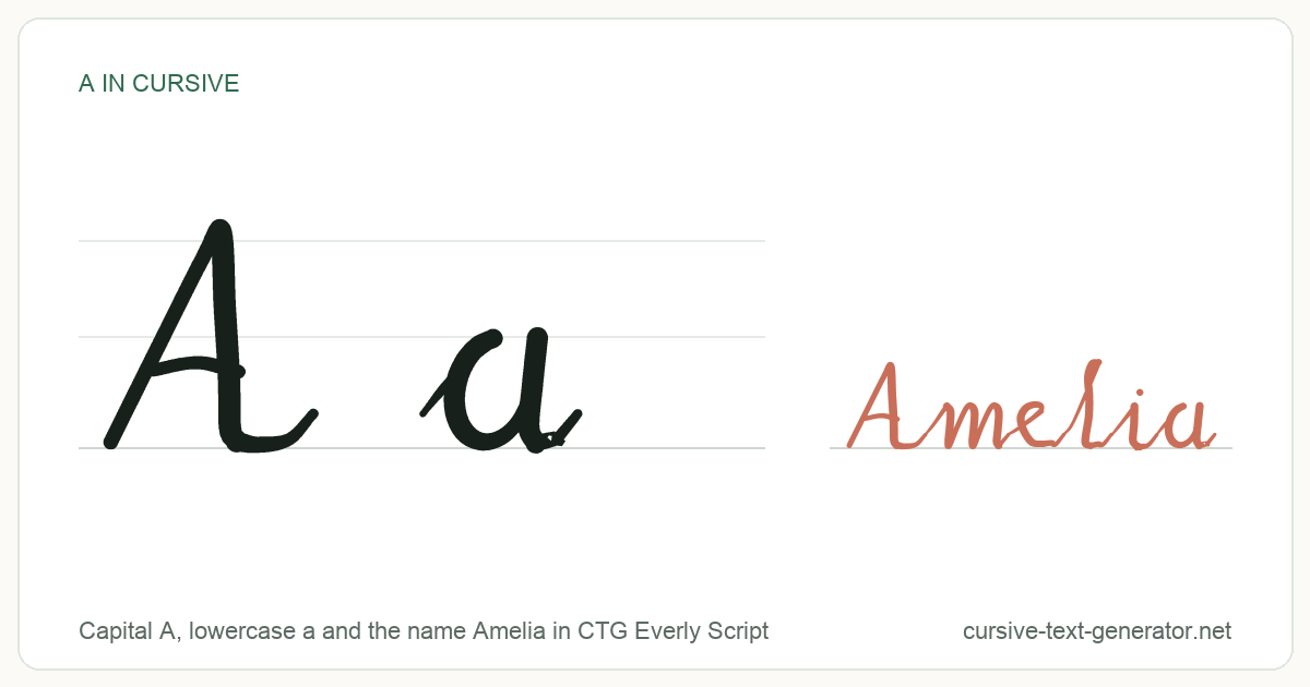A in cursive: the capital A and lowercase a written in joined cursive handwriting, with the name Amelia beside them