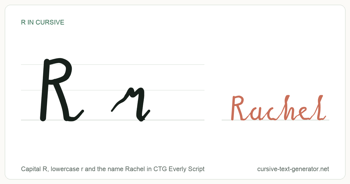 R in cursive: the capital R and lowercase r written in joined cursive handwriting, with the name Rachel beside them