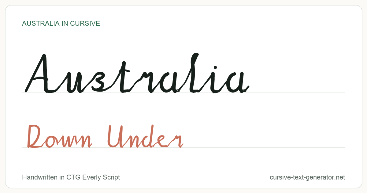 Australia in cursive handwriting: the word Australia written in joined script, with the phrase Down Under underneath