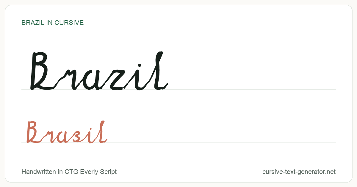Brazil in cursive handwriting: the word Brazil written in joined script, with the phrase Brasil underneath