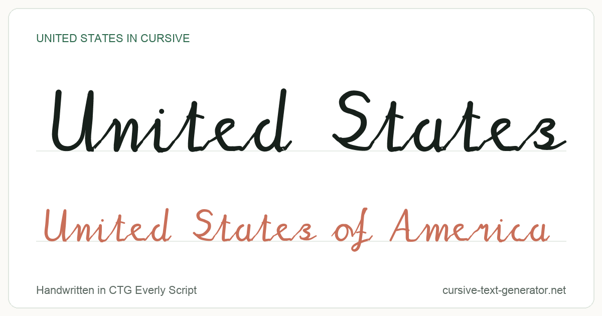 United States in cursive handwriting: the word United States written in joined script, with the phrase United States of America underneath