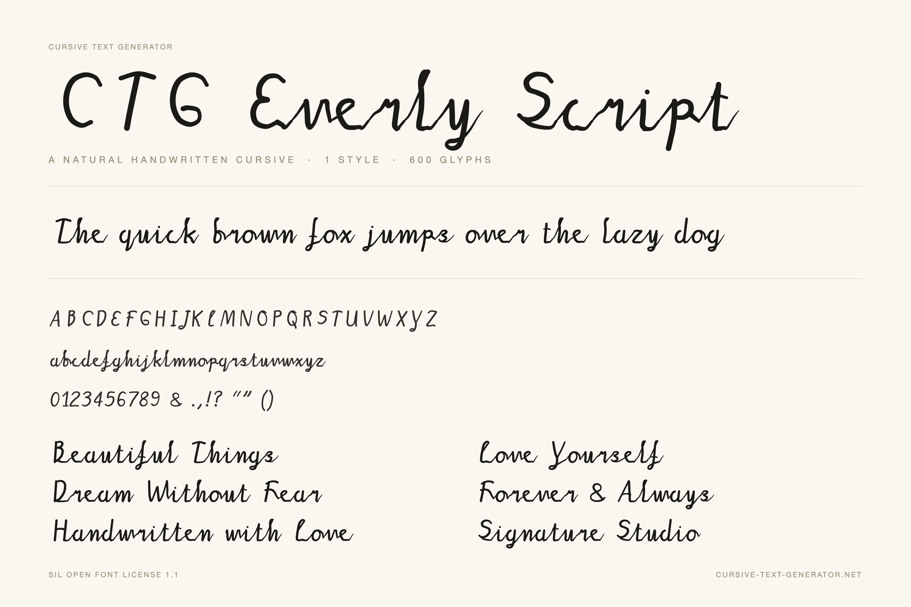 CTG Everly Script specimen showing the pangram, alphabet and sample phrases
