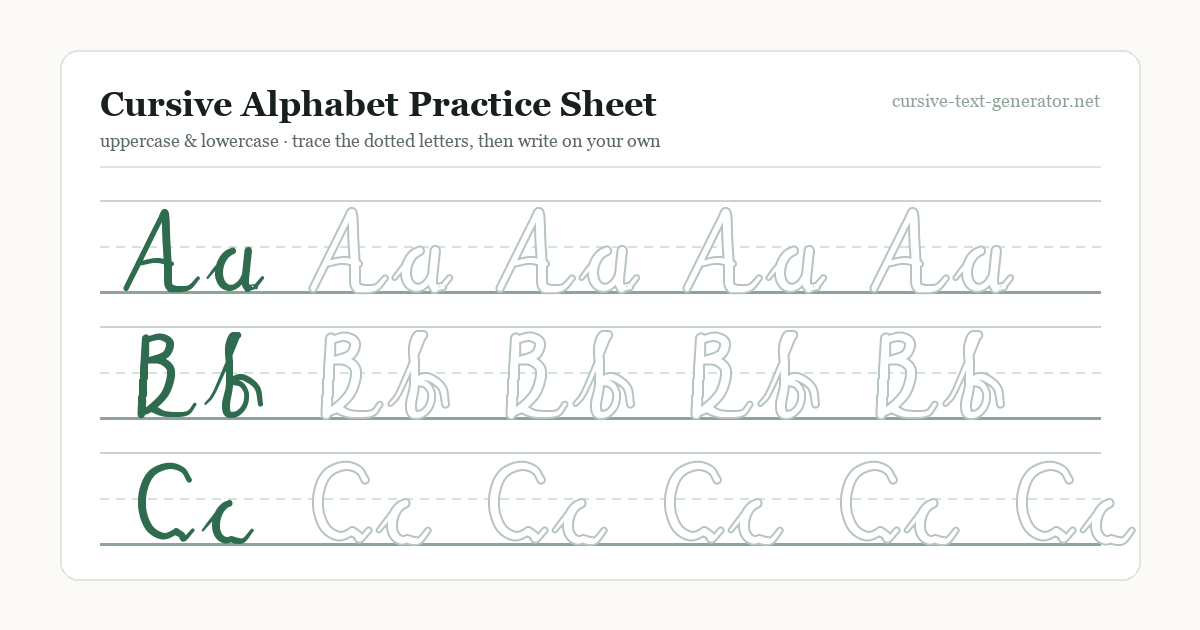 Cursive alphabet practice sheet preview: rows for Aa, Bb and Cc on three-line ruled paper, each with a solid model letter followed by dotted letters to trace